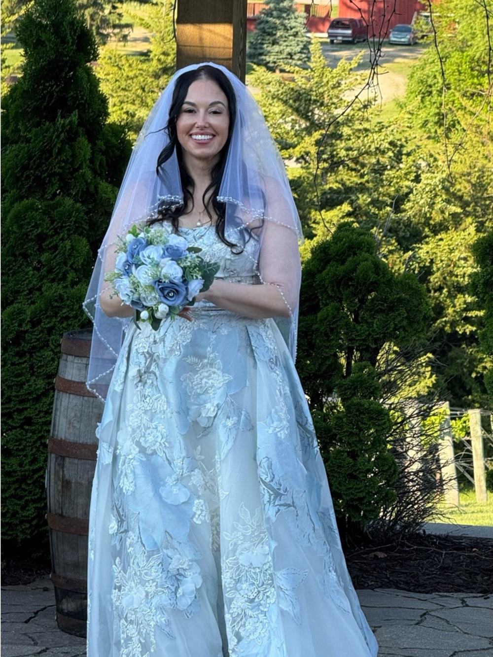Oleg Cassini Light Blue and White Lace Wedding Dress